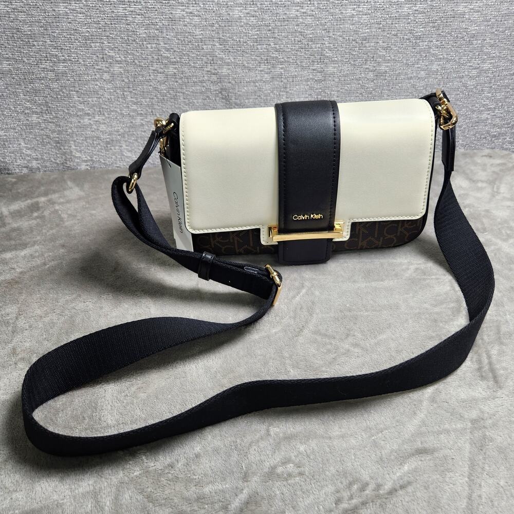 Calvin Klein OTLT Crossbody Bag Black Cream CK Monogram H1AHQQ2 New